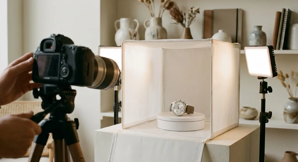 Fotografia produktowa 360 stopni - jak zrobić zdjęcia obrotowe za 30 PLN, Zdjęcie 5 fotografia 360 - zegarek w lightboxie z oświetleniem LED i aparatem na statywie