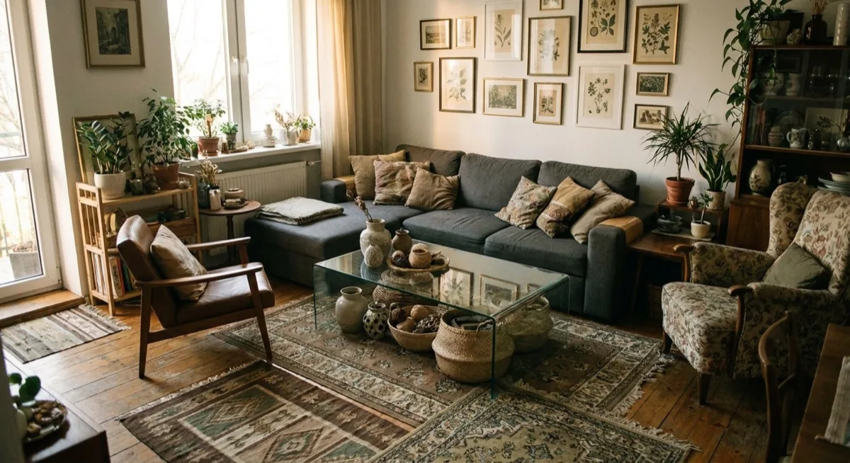 Home Staging UK 2026: Sell Your Property Faster (Complete Guide), Zdjęcie 12 Home staging mistakes - overcrowded living room with clashing furniture and styles