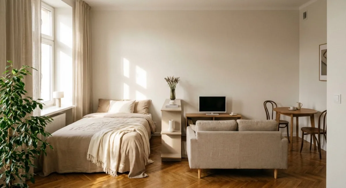 Home Staging UK 2026: Sell Your Property Faster (Complete Guide), Zdjęcie 10 One-bed flat 35m2 after home staging - integrated sleeping zone, warm beige tones, functional layout