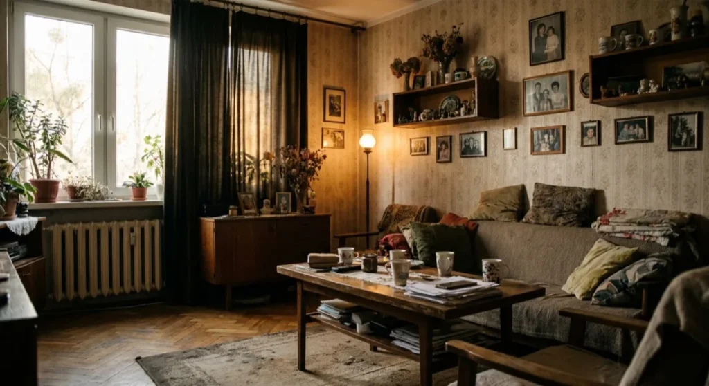 Salon mieszkania przed homestagingiem - zagracony osobistymi pamiątkami i ciemnymi meblami