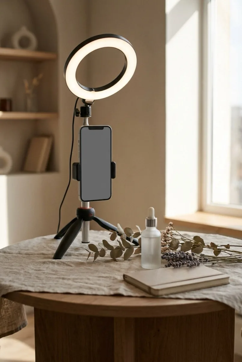 Setup do kręcenia shoppable video - smartfon na statywie i produkt w kadrze