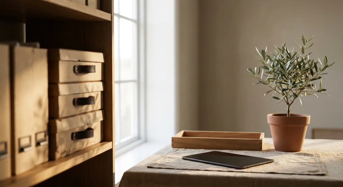 Stos teczek archiwalnych i tablet w biurze - przejście z papierowego do cyfrowego archiwum KSeF