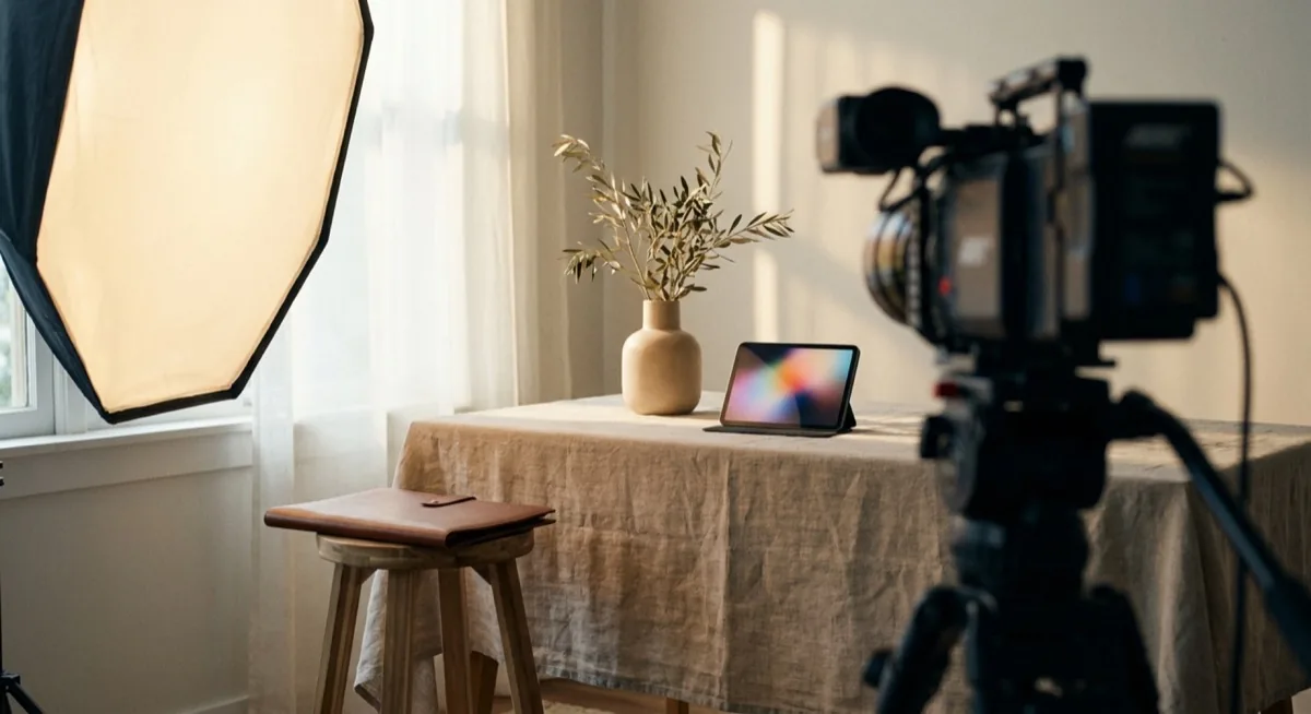 Studio fotografii produktowej z aparatem, tabletem i portfolio - fotograf w systemie KSeF