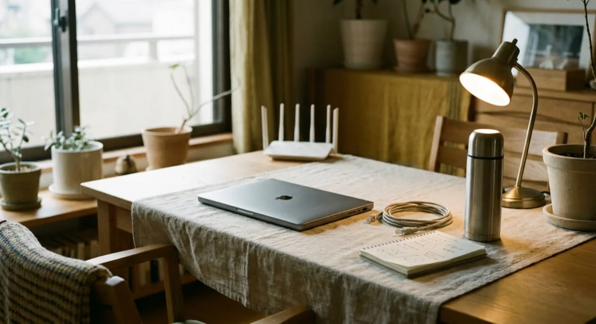 Laptop, notatnik i termos kawy w domowym biurze - tryb offline24 i awaryjny KSeF