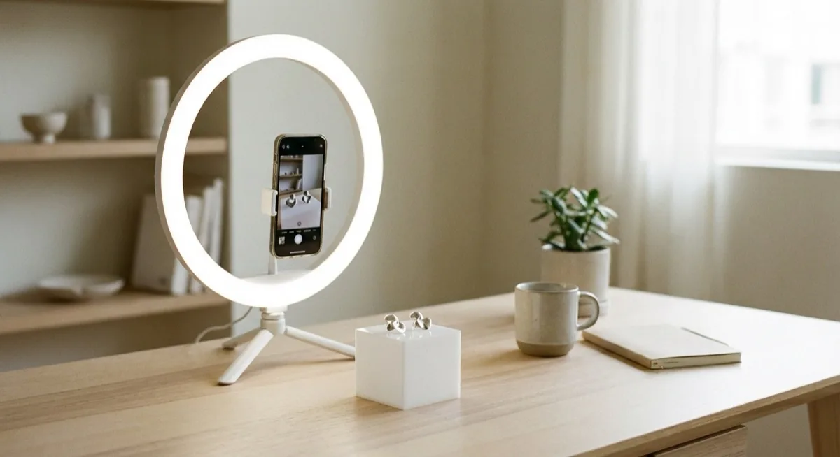 ring light for jewellery photography - ring light with phone and earrings
