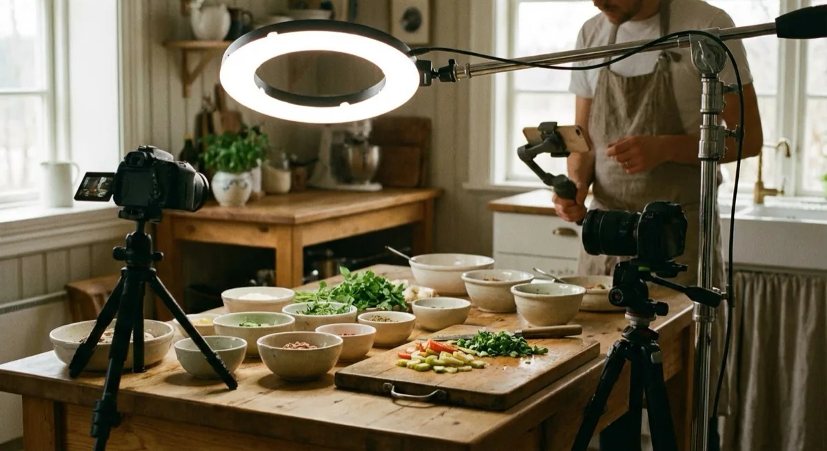 ring light for filming food - ring light on a boom arm over a kitchen counter