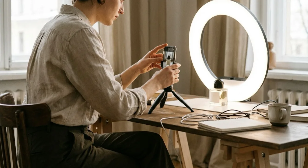 ring light for product photos - photographing a perfume bottle through a ring light