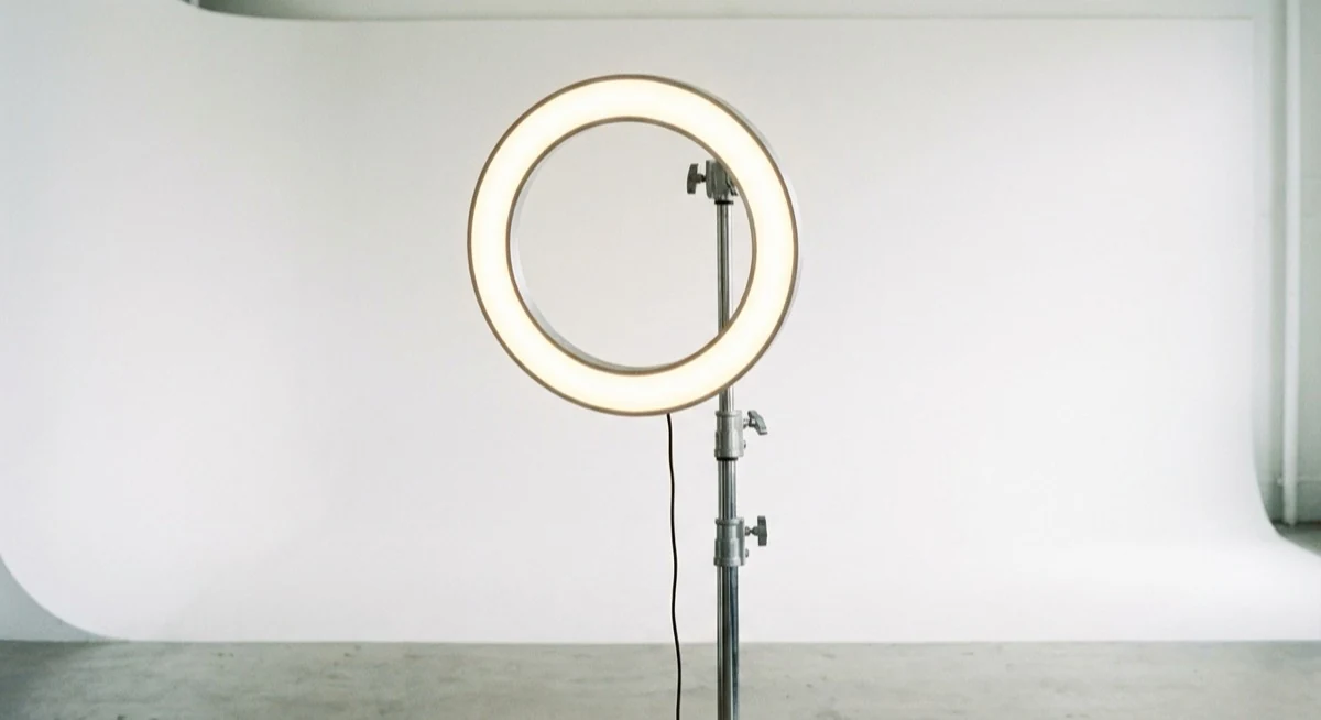 lampa pierścieniowa ring light LED na statywie w studio