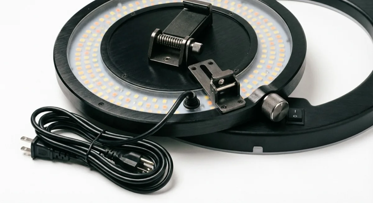 ring light rear view - LED panel, dimmer control, phone holder