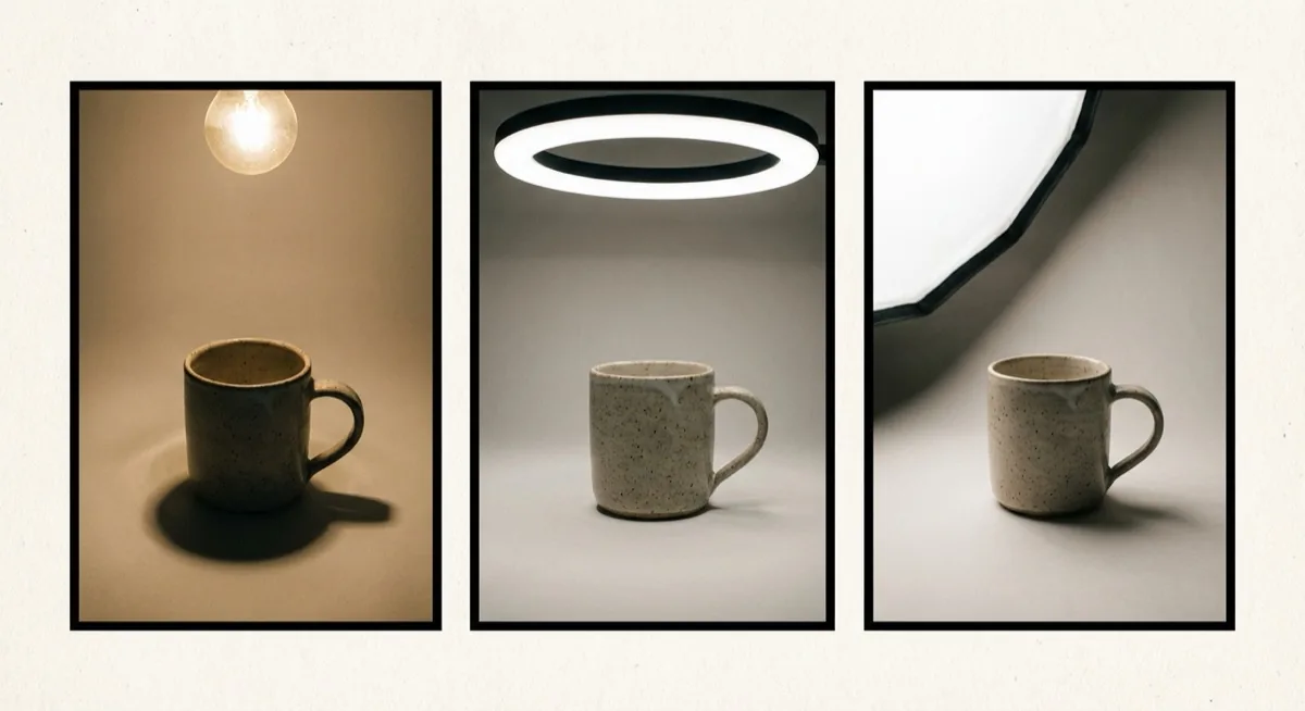 ring light vs softbox - lighting comparison on a ceramic mug