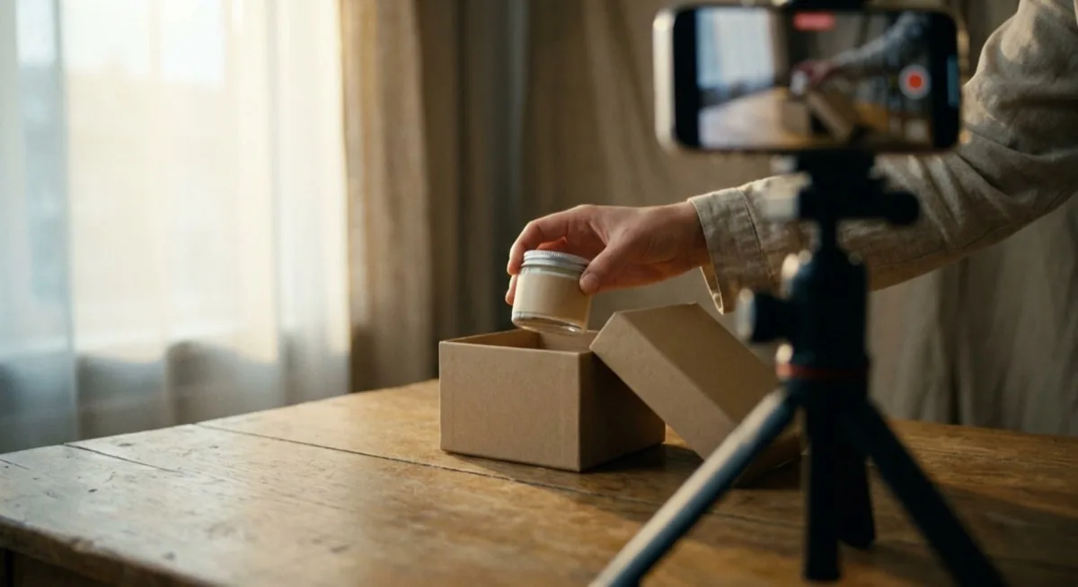 Unboxing produktu przed kamerą podczas live shoppingu - dłoń wyjmująca słoiczek z pudełka