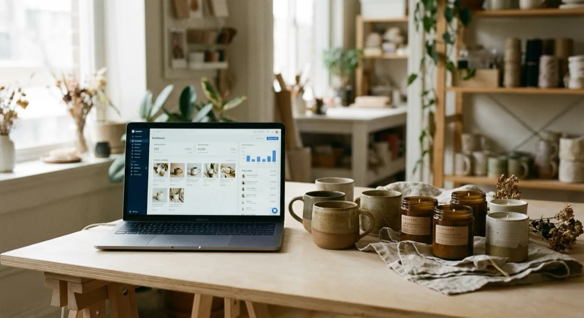 etsy shop - seller workspace with handmade products and laptop dashboard