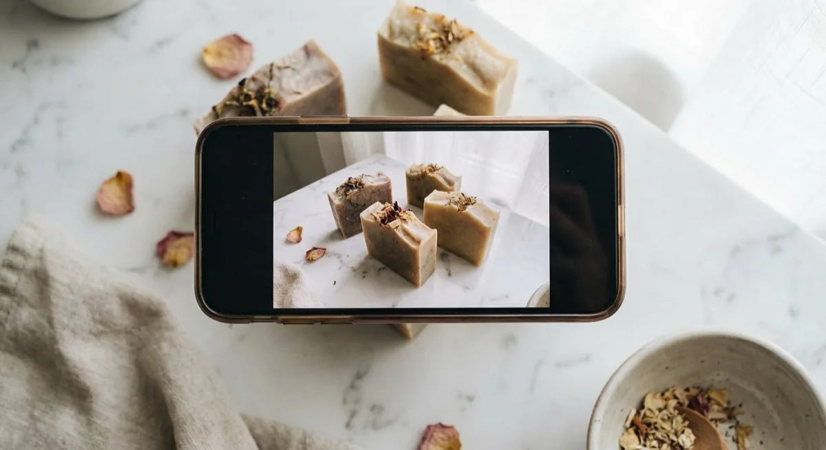 etsy product photography - phone photographing handmade soaps on marble