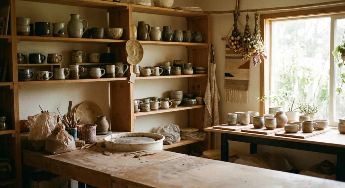 sell crafts online - ceramics workshop with handmade pottery on shelves