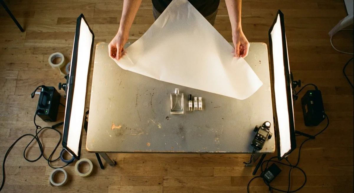 glass photography lighting - positioning a diffuser above the product