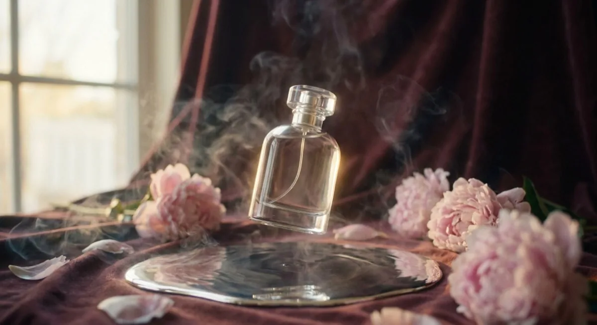 Surrealistyczna scena produktowa w stylu Midjourney - flakon perfum wśród kwiatów i dymu