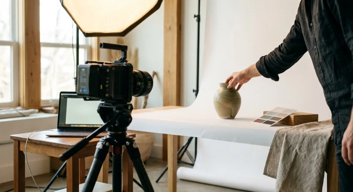 Prawdziwe studio fotograficzne z softboxem, aparatem na statywie i produktem na stole do packshot