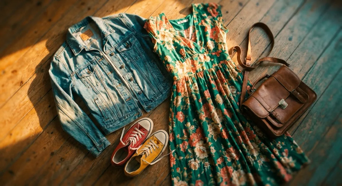 Kolorowe ubrania second-hand - flat lay na drewnianej podłodze