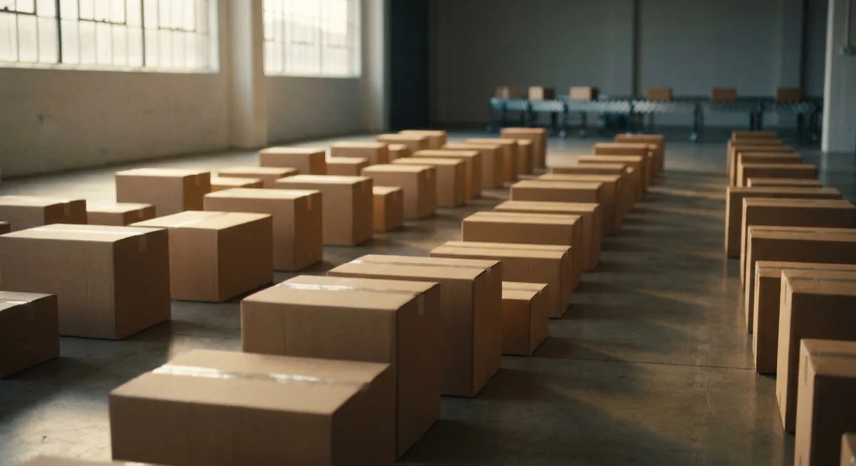 Reihen verpackter Kurierpakete in einem Logistikzentrum, die auf die Abholung warten