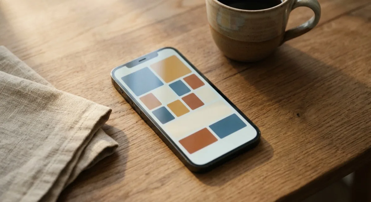 Smartphone mit geöffneter Marketplace-App auf einer Holzplatte neben einer Kaffeetasse