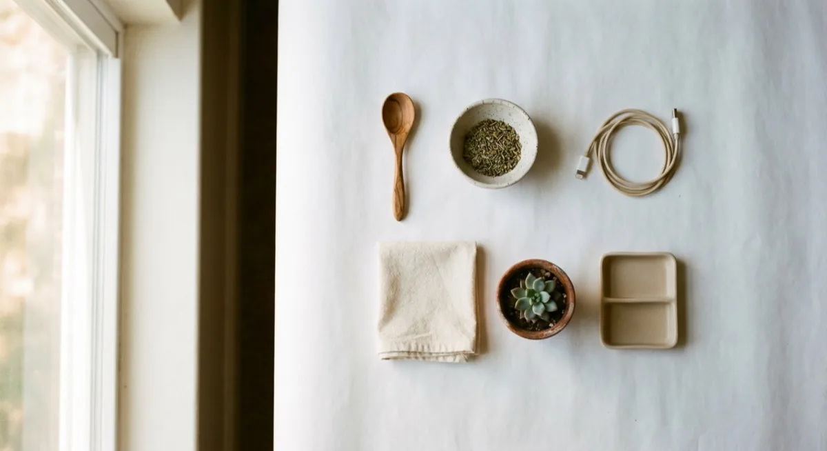 Flat Lay von oben - kleine Alltagsprodukte auf weißem Hintergrund für Marketplace-Fotografie