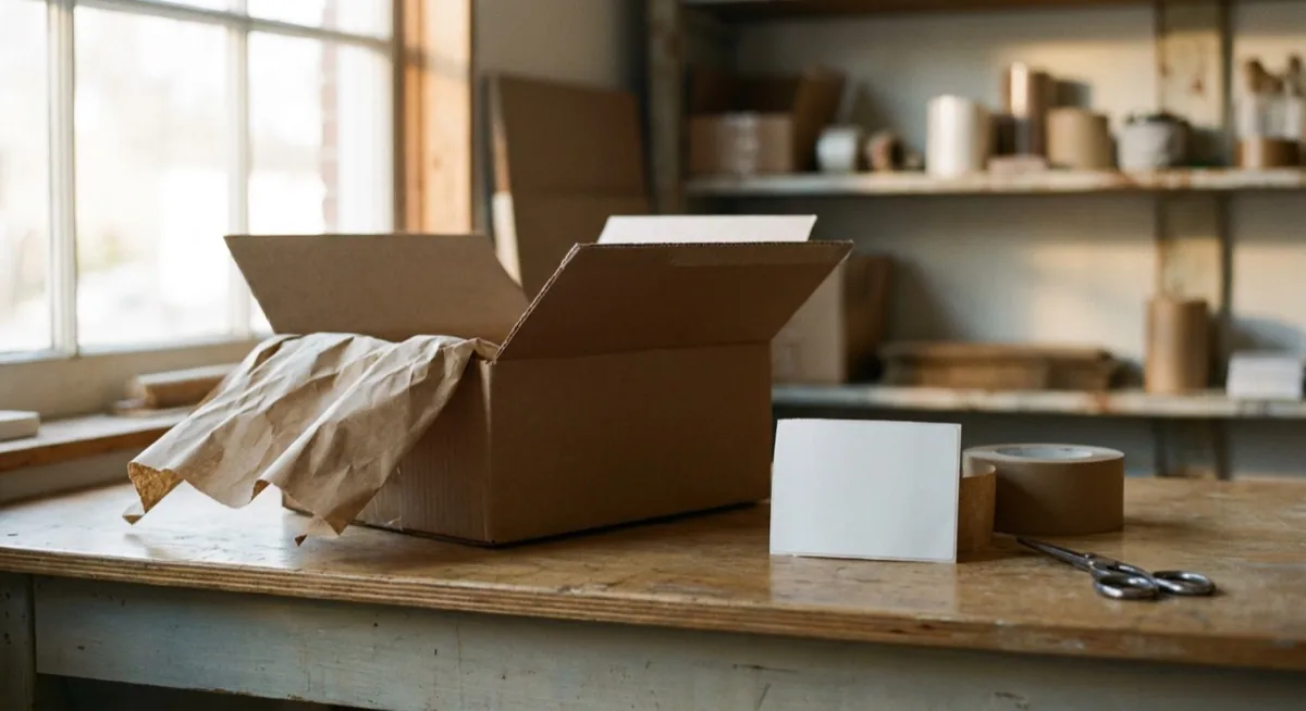 Verpackungsstation für Marketplace-Bestellungen - Karton, Papierfüllung, Versandetikett und Klebeband