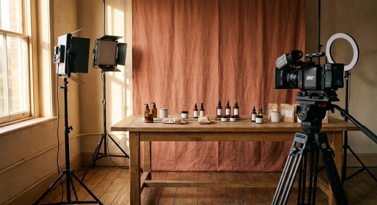 Studio do live shopping - terakotowy backdrop, produkty na stole, softboxy i aparat na statywie