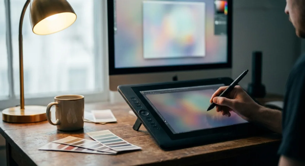 Ręka artysty na tablecie graficznym Wacom obok monitora pokazującego rozmytą kolorystyczną paletę