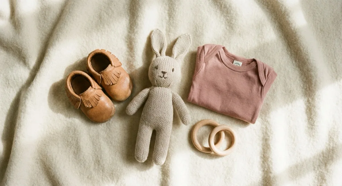 Zdjęcia na OLX - artykuły dziecięce flat lay na jasnym tle