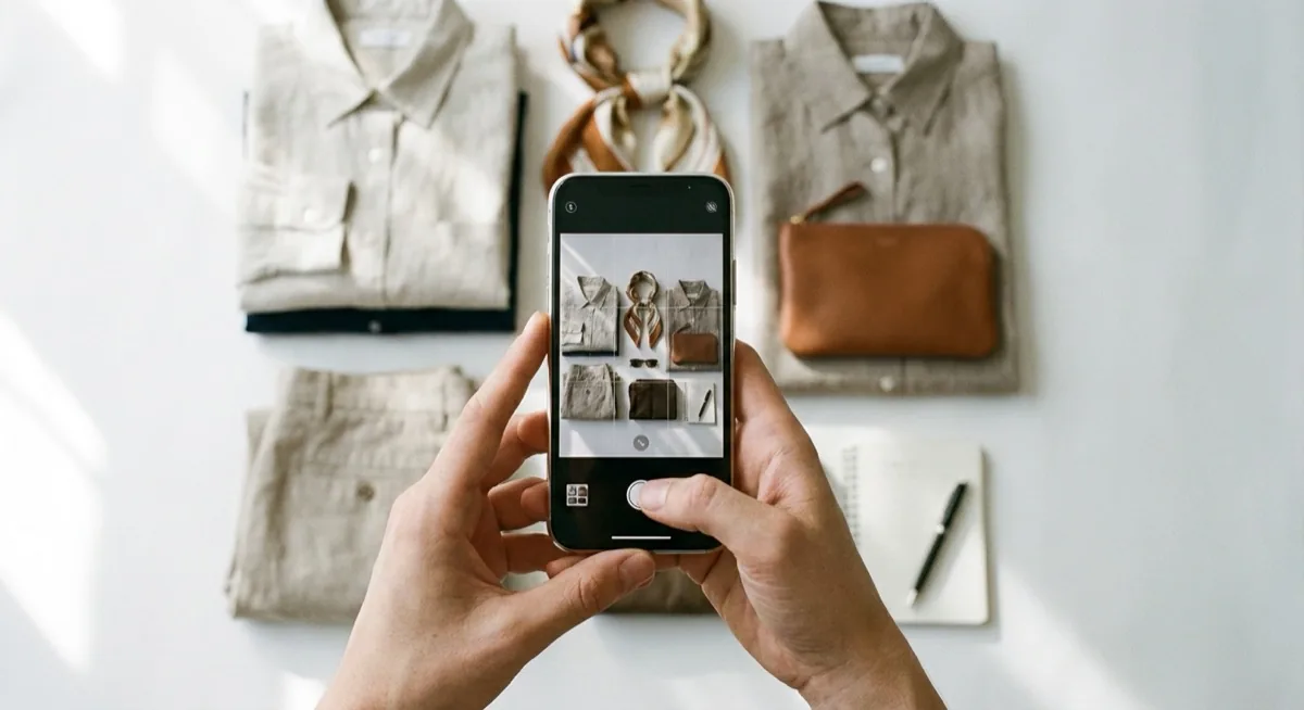 Zdjęcia na Vinted - telefon robiący zdjęcie flat lay ubrań z góry