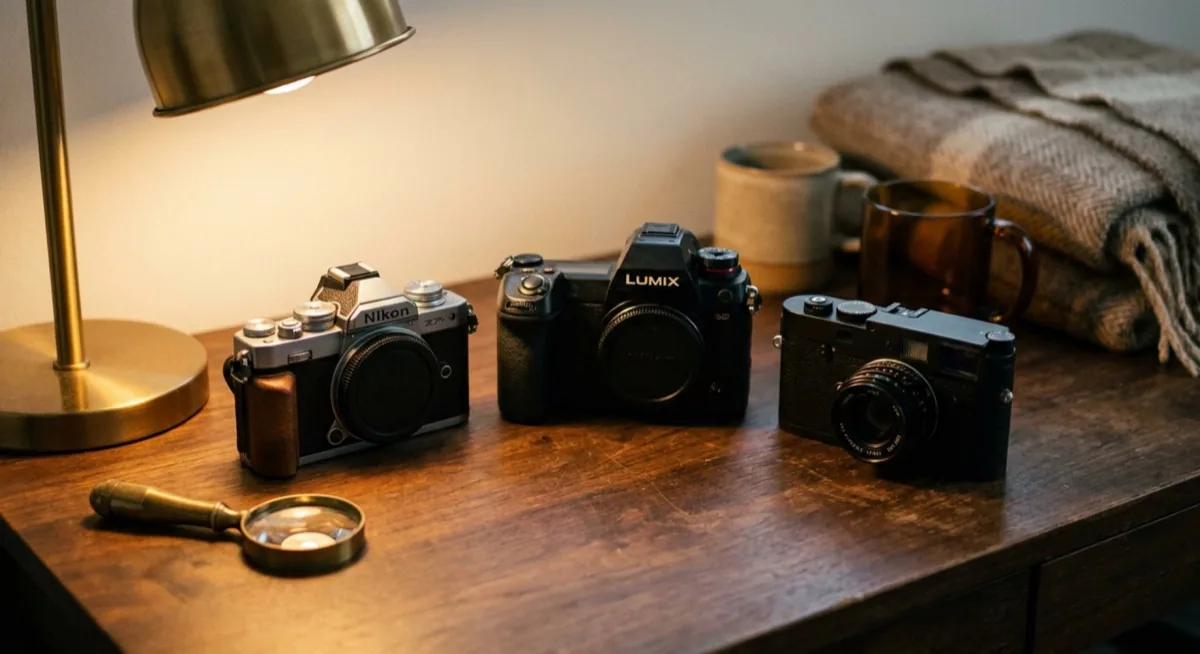 Mirrorless camera sensor comparison - Sony A6400, Fujifilm X-T5, Nikon Z fc on a desk