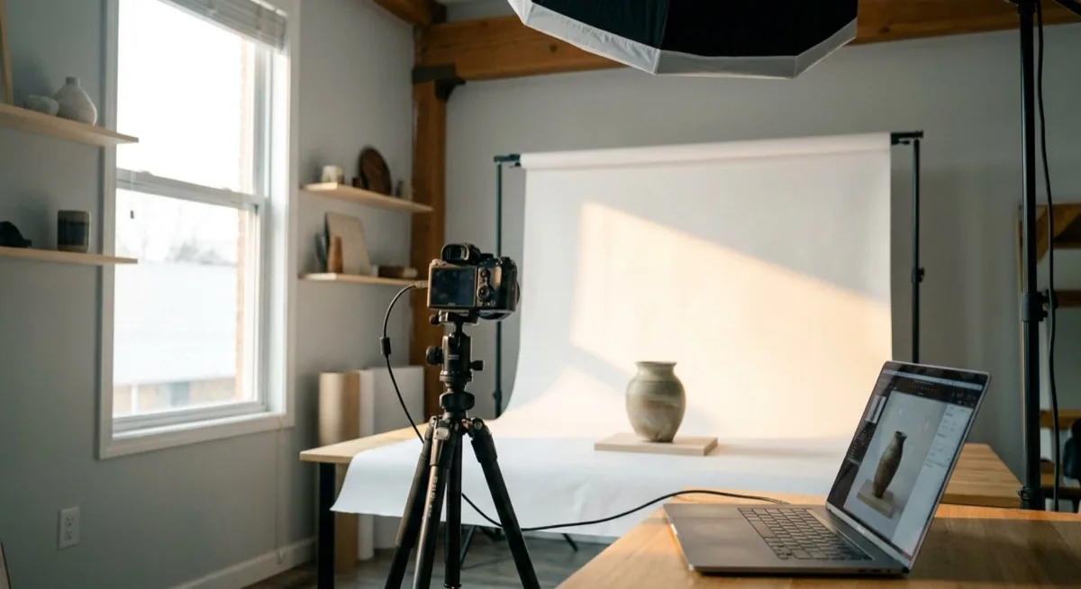 Tethered shooting setup - camera connected via USB to a laptop, packshot in a photography studio