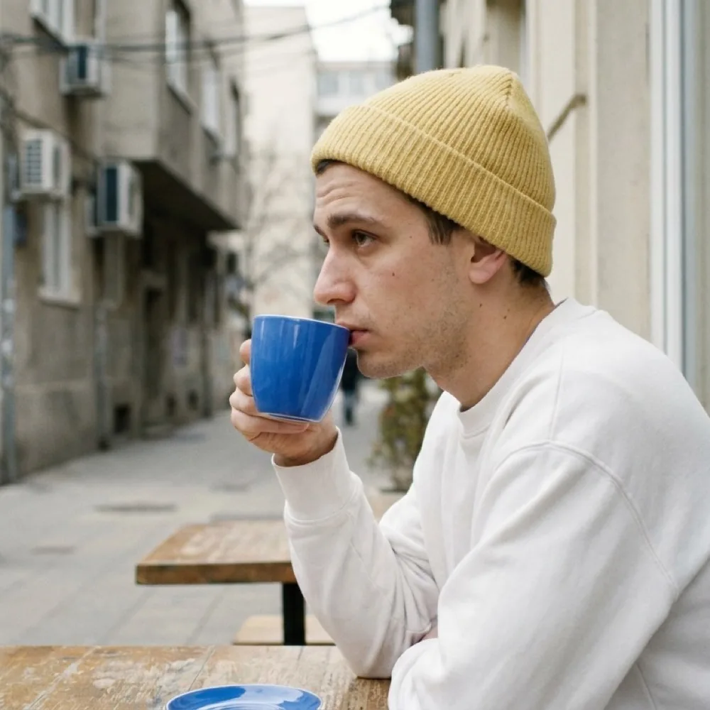 Zdjęcie profilowe w stylu candid - mężczyzna w czapce z kubkiem w kawiarni