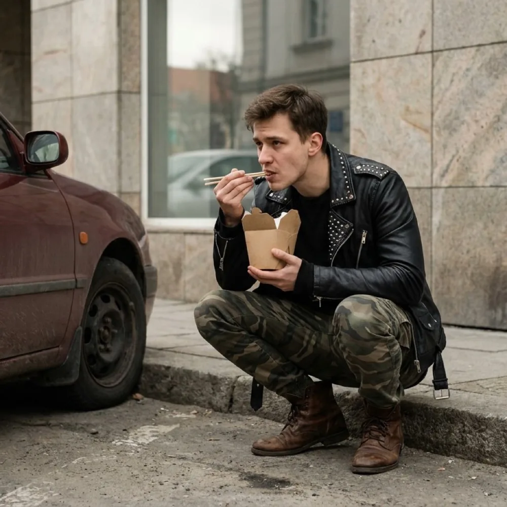 Uliczne zdjęcie profilowe mężczyzny w skórzanej kurtce