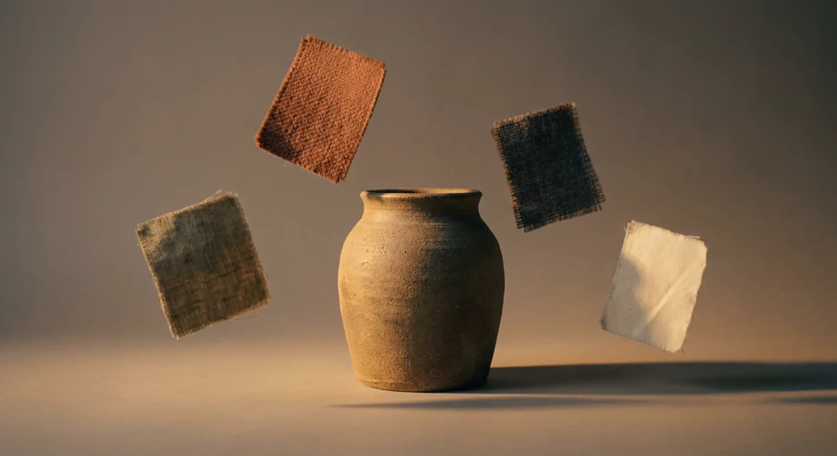 Ceramiczny słoik otoczony próbkami tkanin sugerującymi wymienne tła