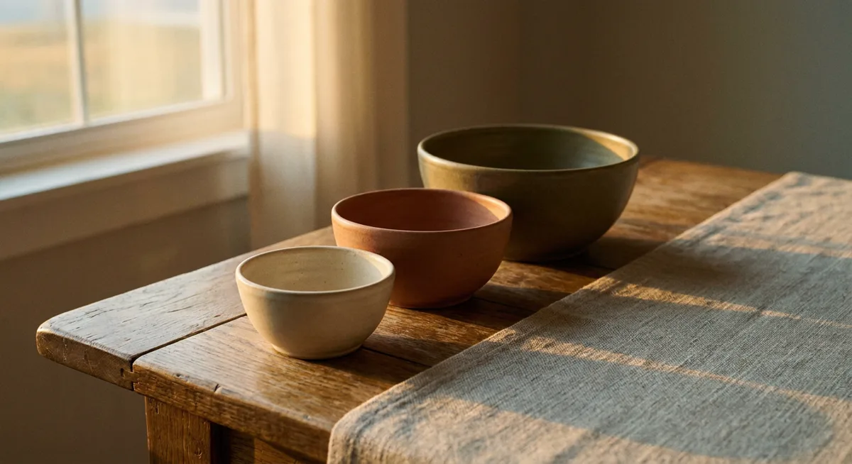Trzy ceramiczne miski ustawione schodkowo na dębowym blacie