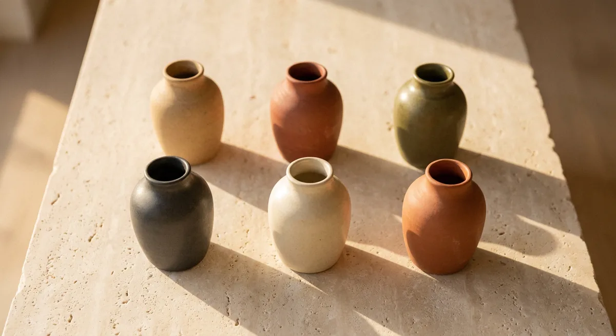 Sześć identycznych ceramicznych wazonów w różnych kolorach szkliwa