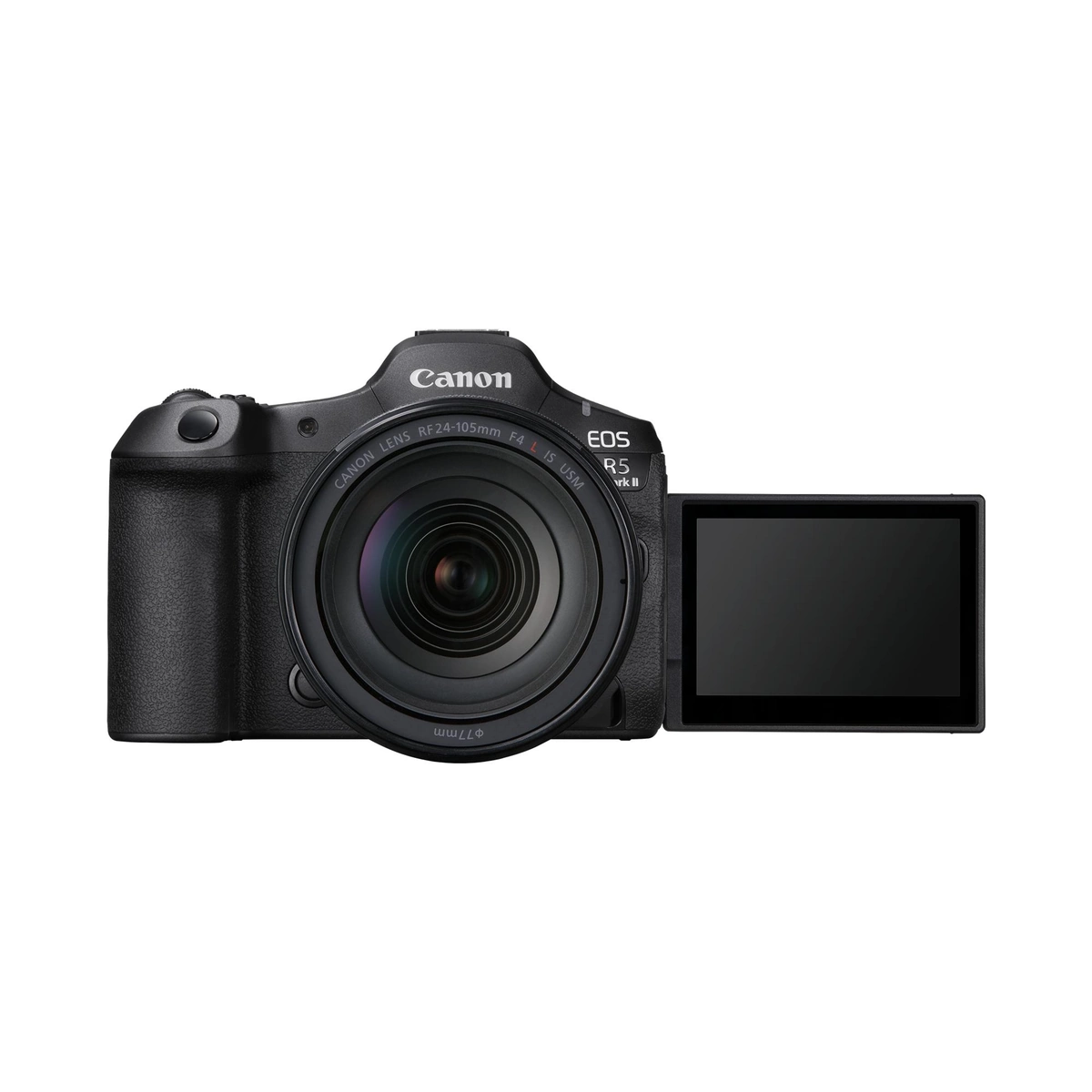 Canon EOS R5 Mark II z obiektywem RF 24-105 mm F4 L i ekranem odchylonym w bok, na białym tle