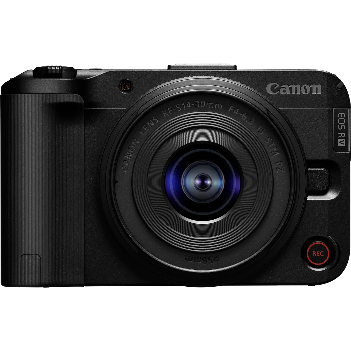 Canon EOS R50 V z obiektywem RF-S 14-30 mm od przodu, na białym tle