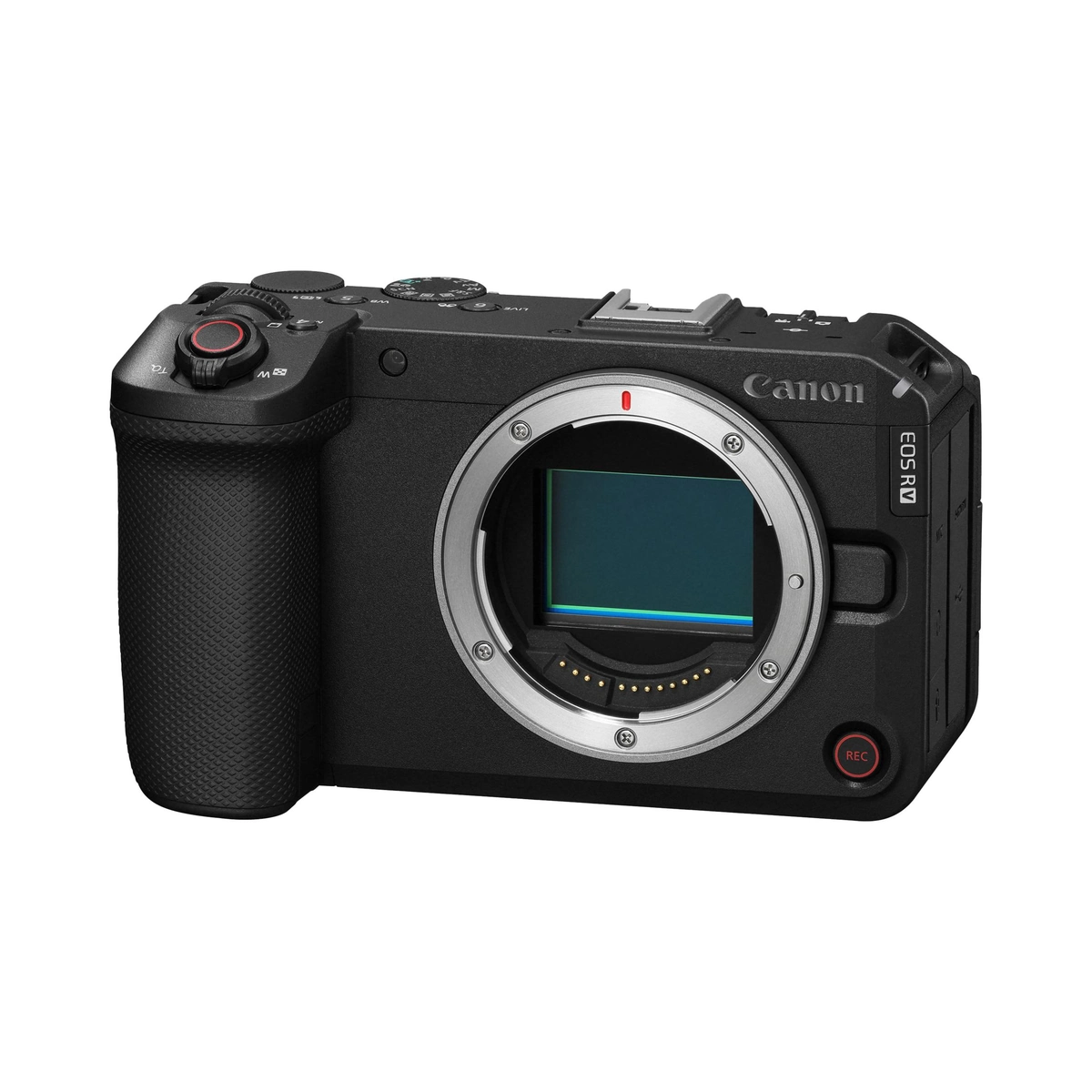 Korpus Canon EOS R6 V bez obiektywu, widok z przodu pod kątem, widoczna matryca w mocowaniu RF