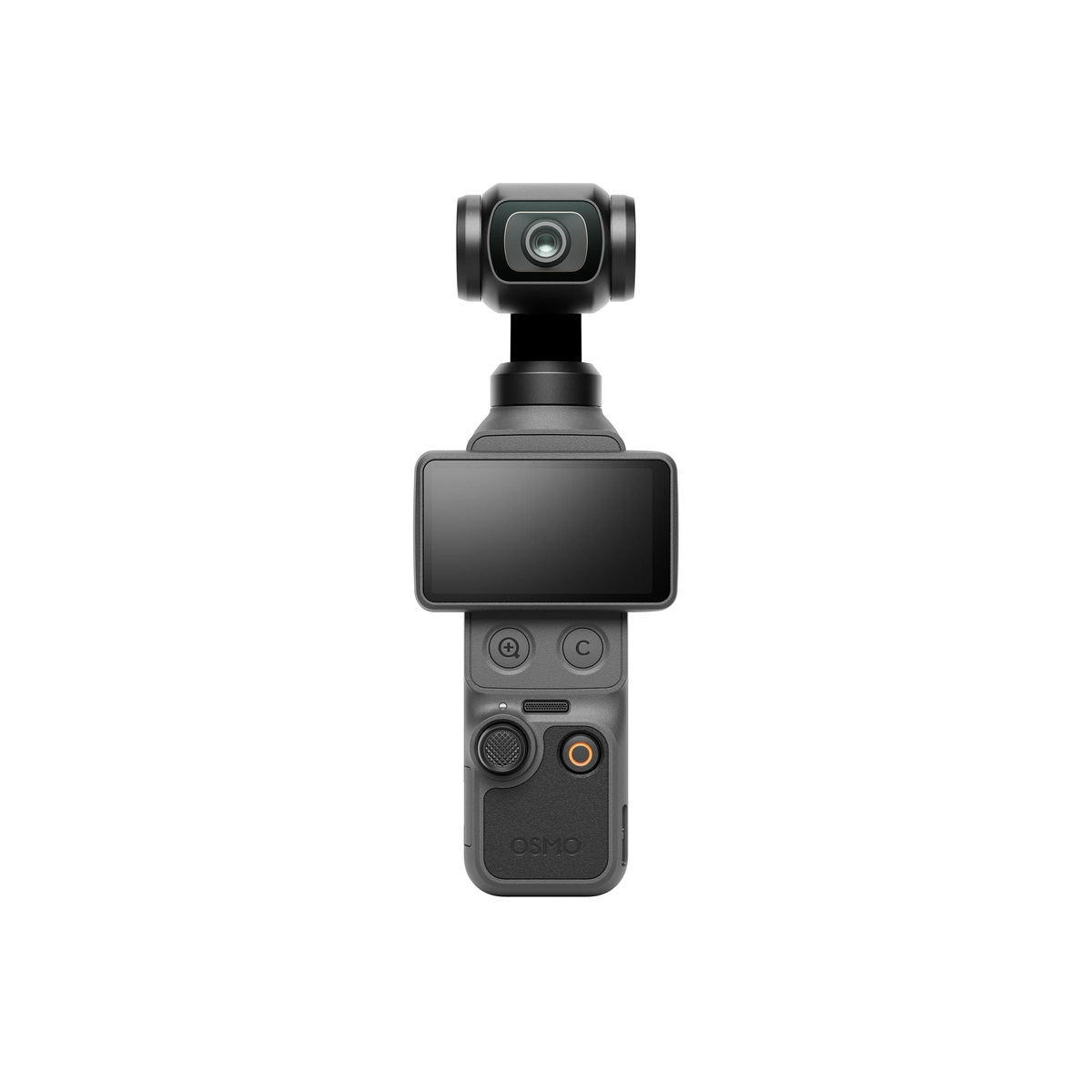 DJI Osmo Pocket 4 od przodu: kamera na gimbalu nad ekranem, pod nim przyciski i joystick, białe tło