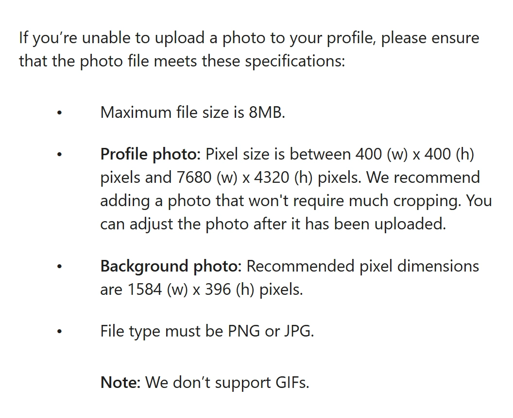 Excerpt from LinkedIn Help: maximum file size 8MB, profile photo between 400 x 400 and 7680 x 4320 pixels, PNG or JPG file, GIFs not supported