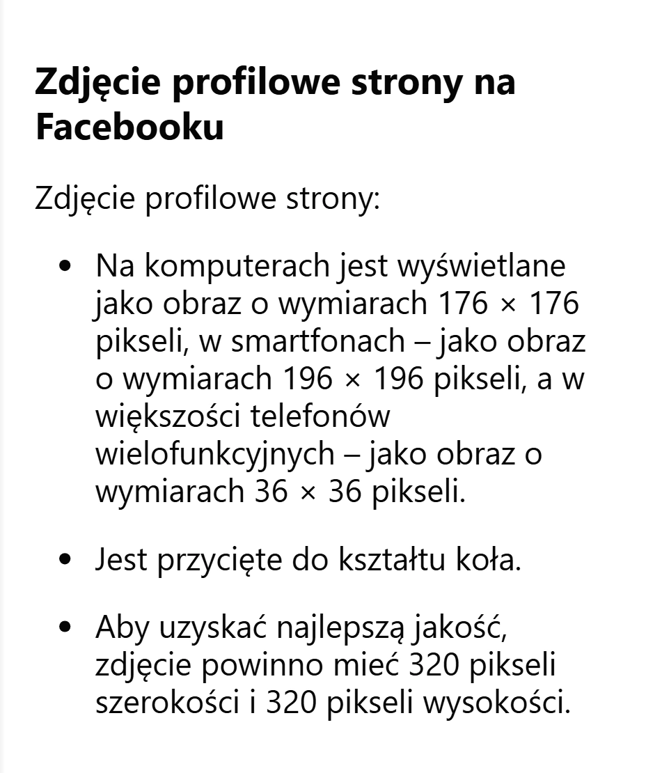Fragment pomocy Facebooka: zdjęcie profilowe strony 176 × 176 px na komputerach, 196 × 196 px w smartfonach, przycięte do koła, najlepiej 320 × 320 px