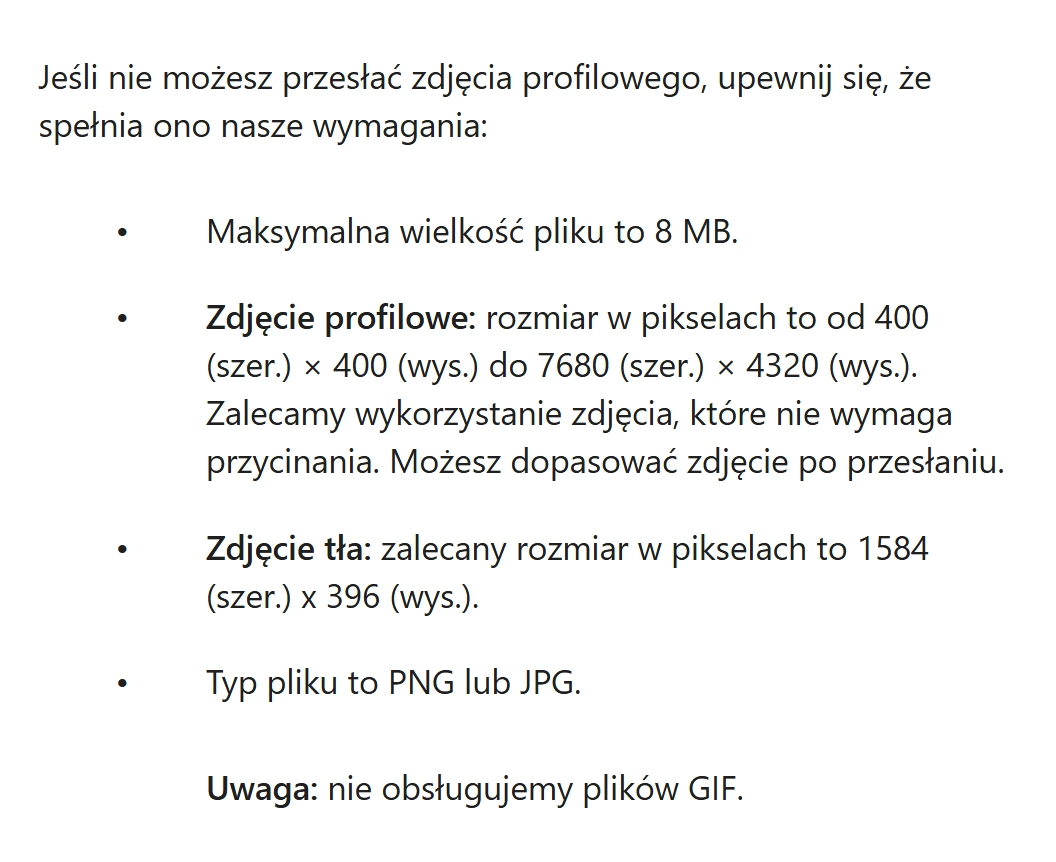 Fragment pomocy LinkedIn: plik do 8 MB, zdjęcie profilowe od 400 × 400 do 7680 × 4320 pikseli, typ PNG lub JPG, bez plików GIF