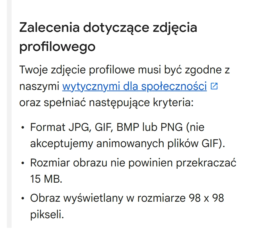 Fragment pomocy YouTube: format JPG, GIF, BMP lub PNG, rozmiar do 15 MB, obraz wyświetlany w rozmiarze 98 × 98 pikseli