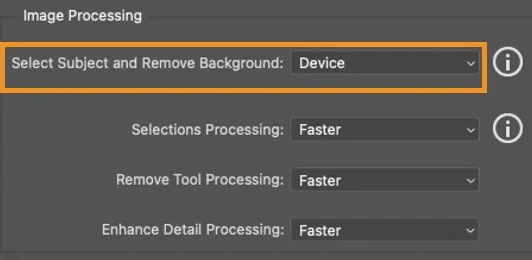 Photoshop Hintergrund entfernen auf dem Gerät oder in der Cloud: Voreinstellungen Image Processing mit gewählter Option Device