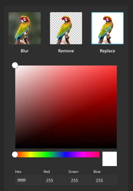 Hintergrund weiß machen in der Fotos-App von Windows 11: Option Replace mit Hex ffffff und RGB 255, 255, 255