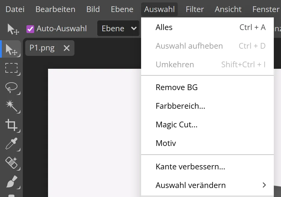 Hintergrund entfernen in Photopea: Menü Auswahl mit dem Befehl Remove BG in der deutschen Oberfläche