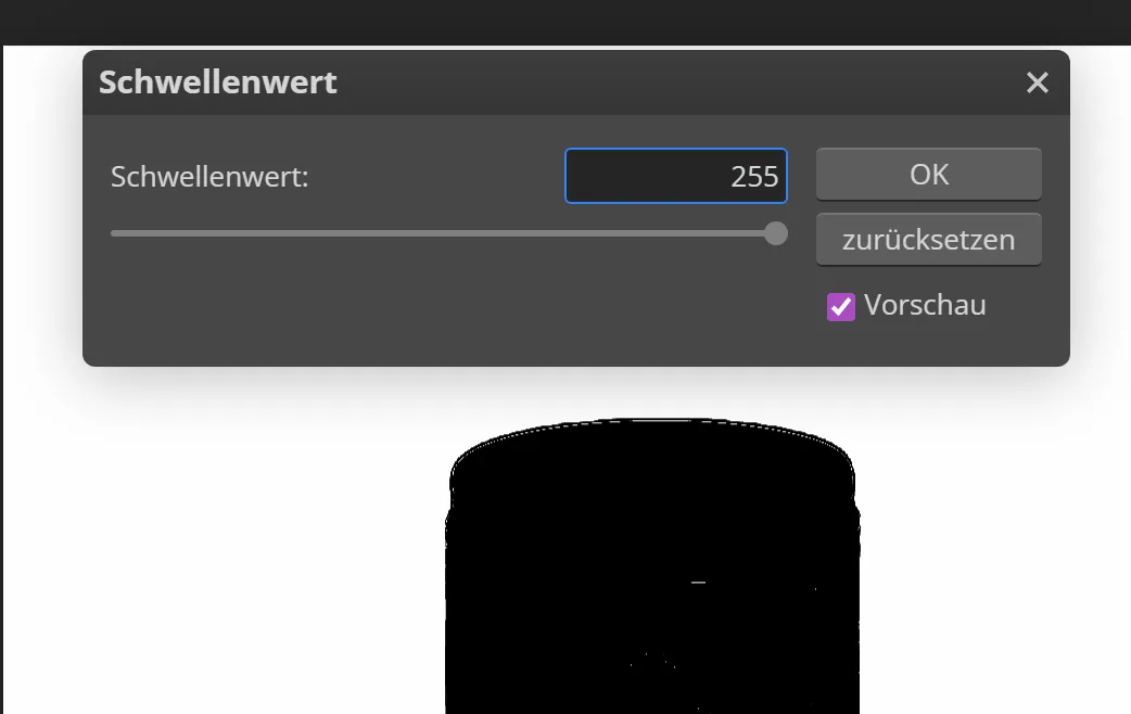 Weißen Hintergrund 255 prüfen: Schwellenwert 255 in Photopea