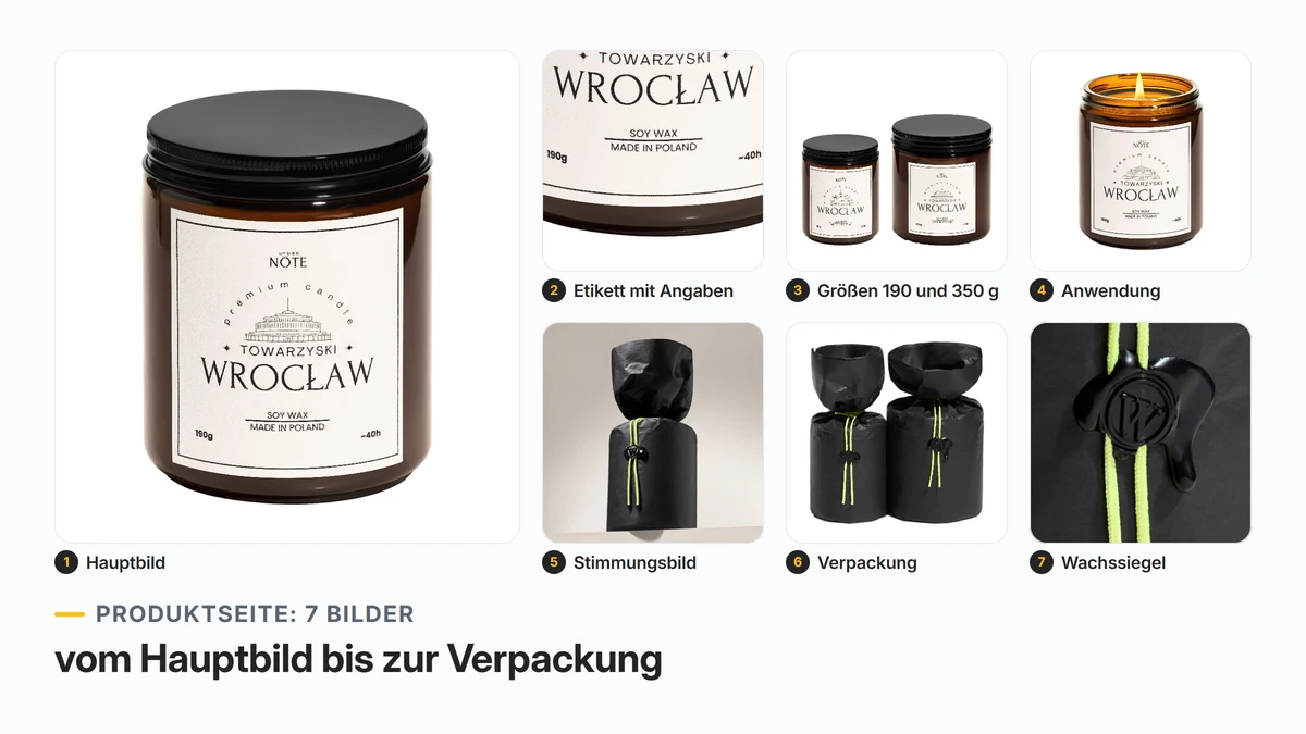 Bildset mit 7 Aufnahmen einer Sojawachskerze „Towarzyski Wrocław“ für die Produktseite auf dem Kaufland Marketplace: Hauptbild, Etikett, Größen, brennende Kerze, Stimmungsbild, Verpackung und Wachssiegel